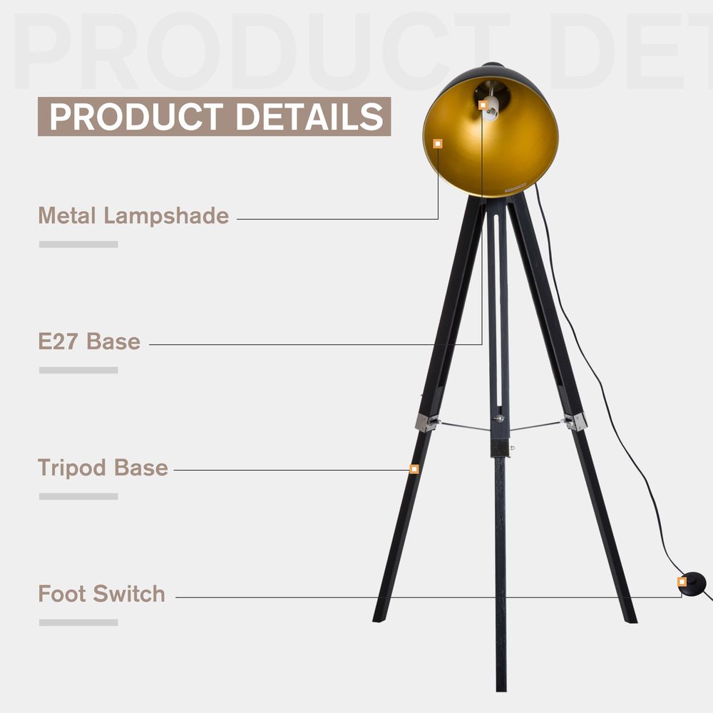 Retro Tripod Floor Lamp Dome Shade Light Wooden Legs-Black/Gold
