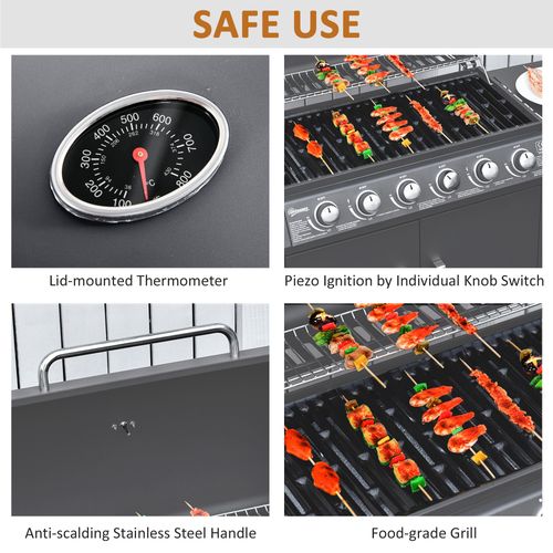 Outsunny 6+1 Burner Gas BBQ Grill Garden Barbecue with Wheels, Cabinet Grey