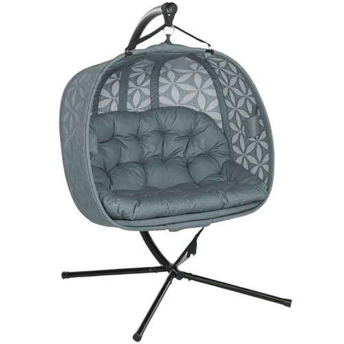 Outsunny Double Hanging Swing Chair w/ Stand & Cup Holders, Charcoal Grey