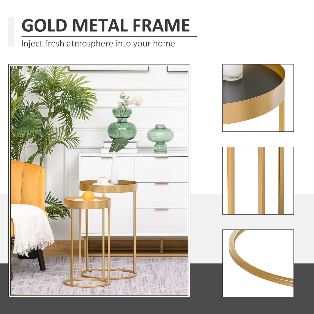 HOMCOM Coffee Tables Set of 2, Round Nest of Tables with Tray Top and Steel Frame for Living Room, Bedroom, Gold Tone