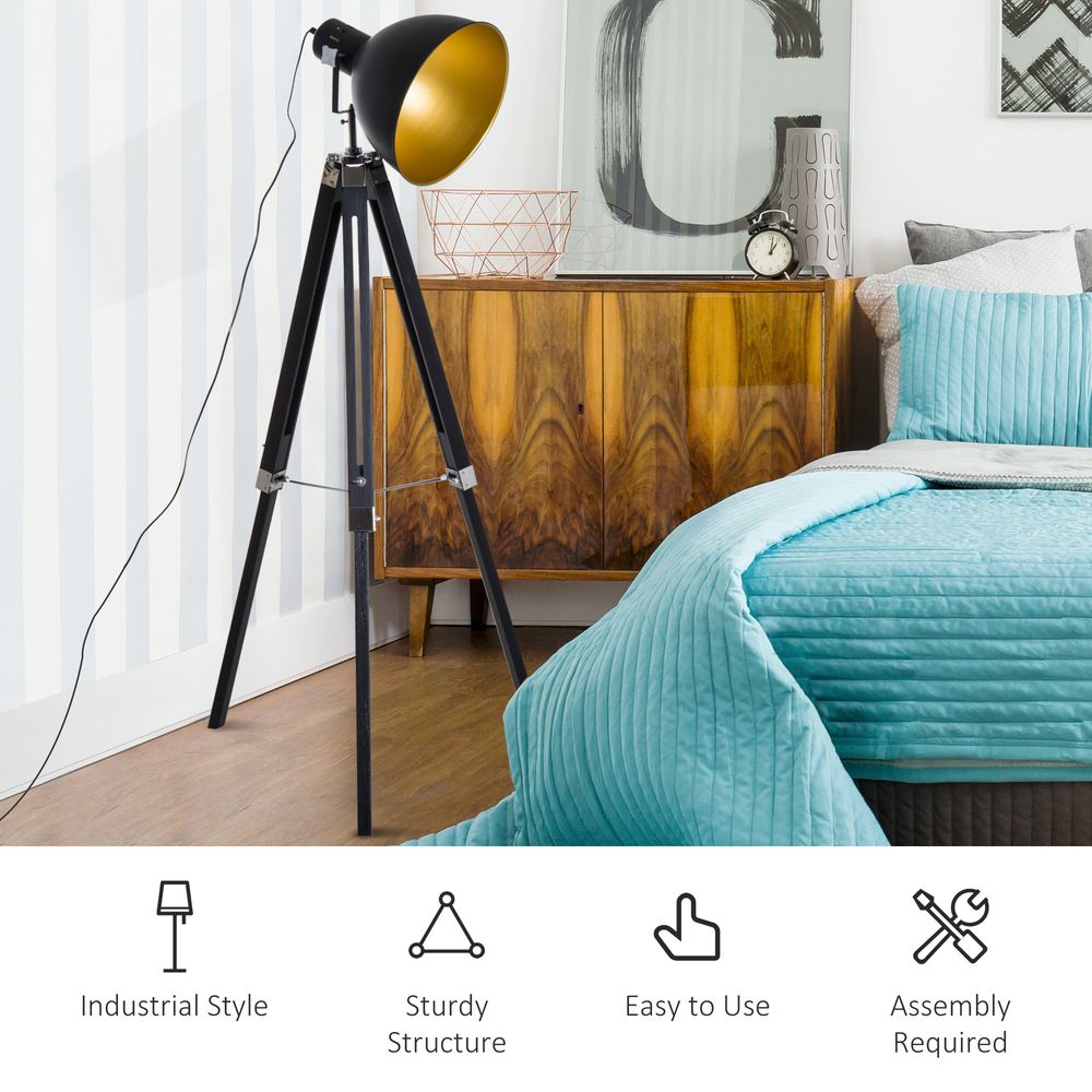 Retro Tripod Floor Lamp Dome Shade Light Wooden Legs-Black/Gold