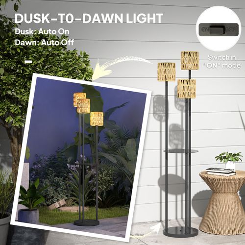 Outsunny 3-Light Solar Rattan Floor Lamp with Shelf, Auto On/Off, Yellow