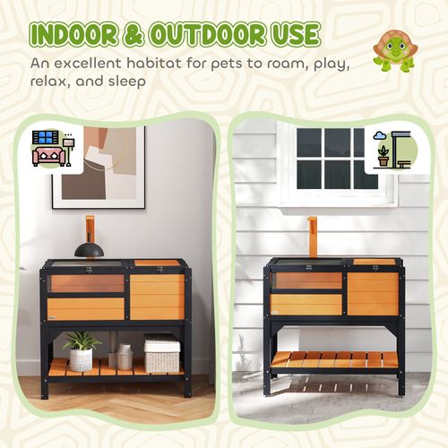 PawHut Wooden Tortoise House w/ Run, Shelter, Shelf, Lamp Holder, Yellow