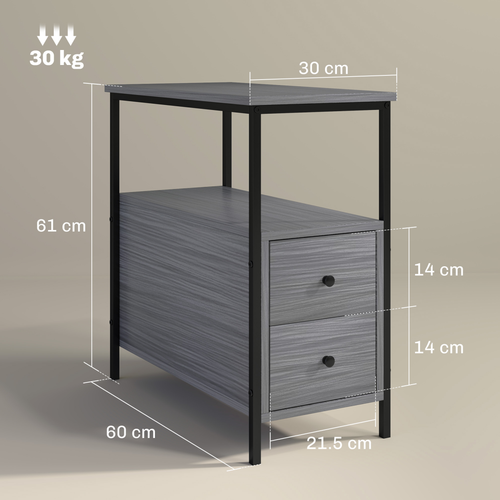 HOMCOM Narrow End Table, Sofa Side Table with 2 Drawers Storage Shelf, Grey