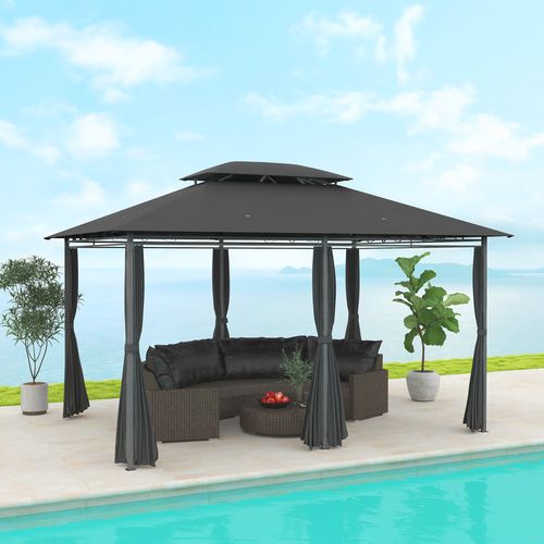 Outsunny 4m x 3(m) Outdoor 2-Tier Steel Frame Gazebo w/ Curtains Outdoor Garden