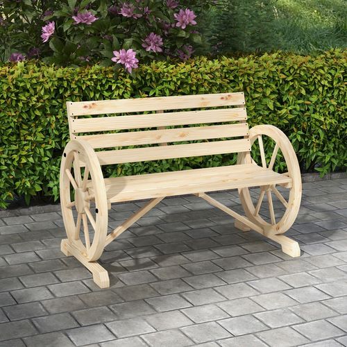 Outsunny 2 Seater Garden Bench w/ Wooden Cart Wagon Wheel Natural