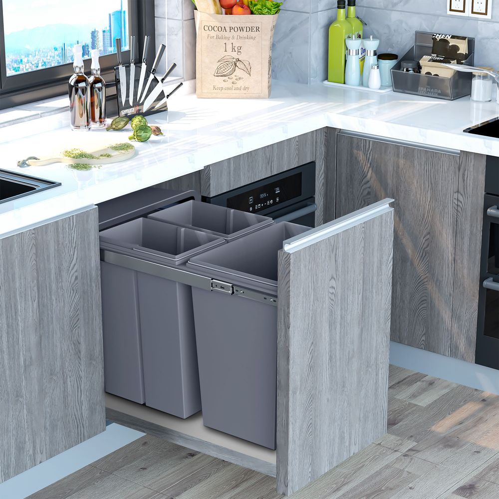 Recycle Waste Bin Pull Out Dustbin Recycling Cabinet 40L-Grey