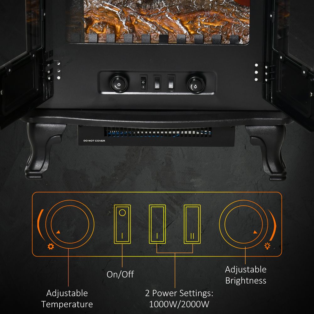 Electric Fireplace LED Fire Flame Effect, Double Door, 1000W/2000W, Black