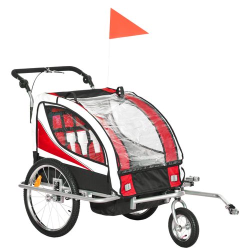 HOMCOM Child Bike Trailer, Baby Bicycle Trailer for 2 Kids with 5 Point Harness, Steel Frame, Reflectors, Safety Flag, Hitch Coupler, Red