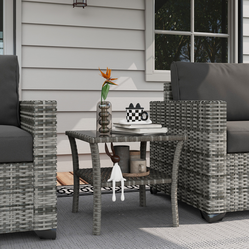 Outsunny PE Rattan Coffee Table, Two-tier Side Table with Glass Top, Grey