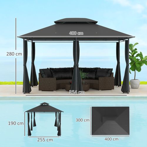 Outsunny 4m x 3(m) Outdoor 2-Tier Steel Frame Gazebo w/ Curtains Outdoor Garden
