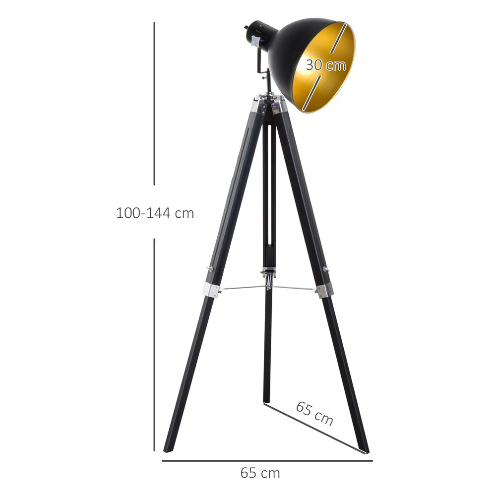 Retro Tripod Floor Lamp Dome Shade Light Wooden Legs-Black/Gold