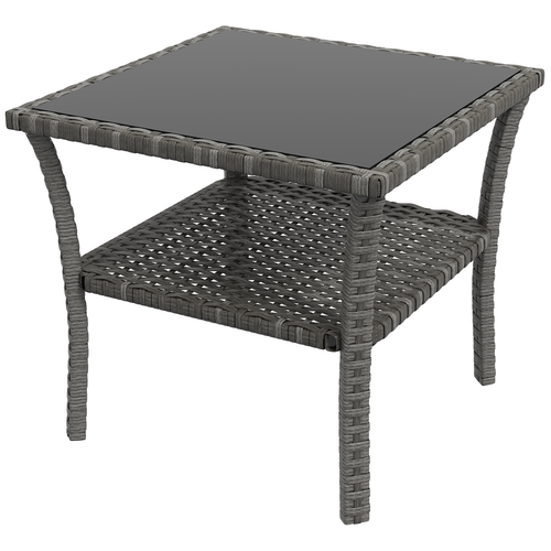 Outsunny PE Rattan Coffee Table, Two-tier Side Table with Glass Top, Grey