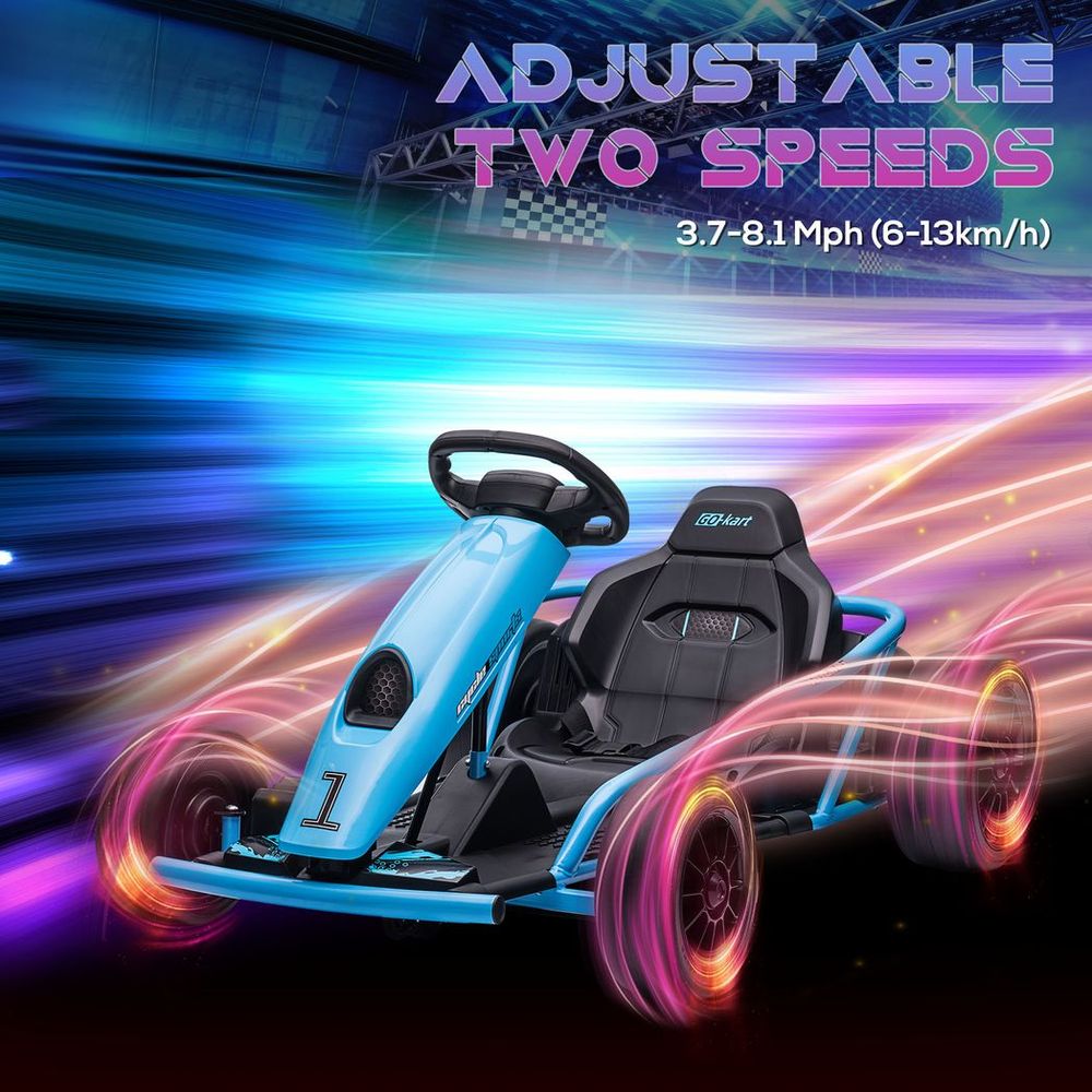 HOMCOM 24V Electric Go Kart for Kids, Drifting Ride-On Racing Go Kart with Slow Start, Music, Horn Honking and Safety Belt, for 8-12 Years Old, Blue