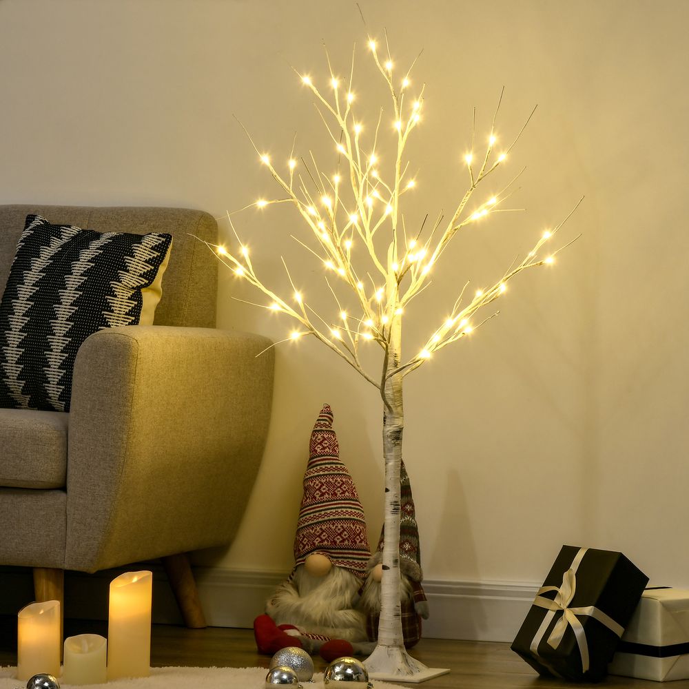 HOMCOM 4ft Artificial White Birch Tree Light 72 Warm White Pre-Lit LED Light