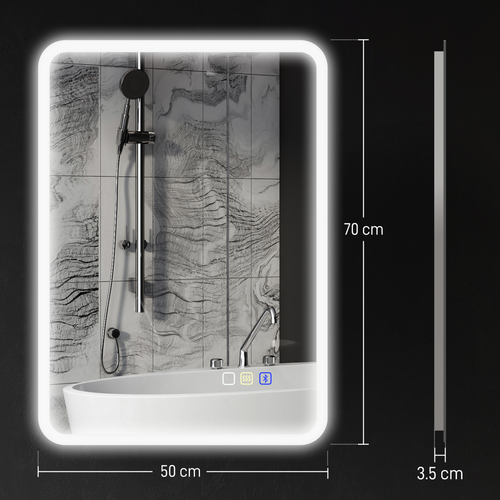 HOMCOM 500 x 700 mm Bluetooth Bathroom Mirror with LED Lights Wall Mounted