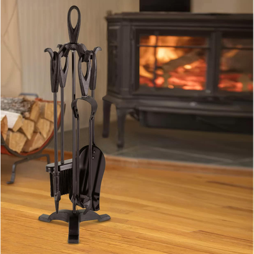 Neo Black Fireplace Fireside 5 Piece Set including Stand