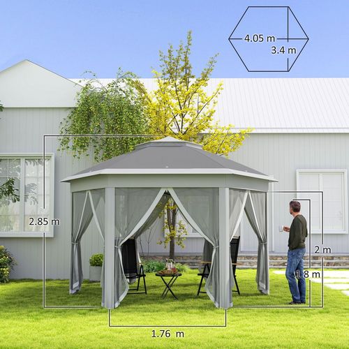Outsunny 3x4m Hexagon Gazebo w/ Mesh Curtains Outdoor Garden, Dark Grey