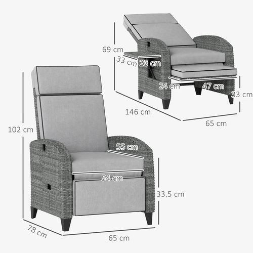 Outsunny Outdoor Recliner Chair w/ Cushion Rattan Reclining Lounge Chair, Grey