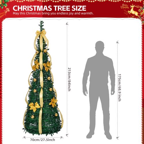 7 FT Fully Decorated Pre-lit Christmas Tree, Pop Up Artificial Xmas Tree with 100 Warm Lights Battery Operated and Golden & Silver Ornaments for Home Office Store Holiday Deco