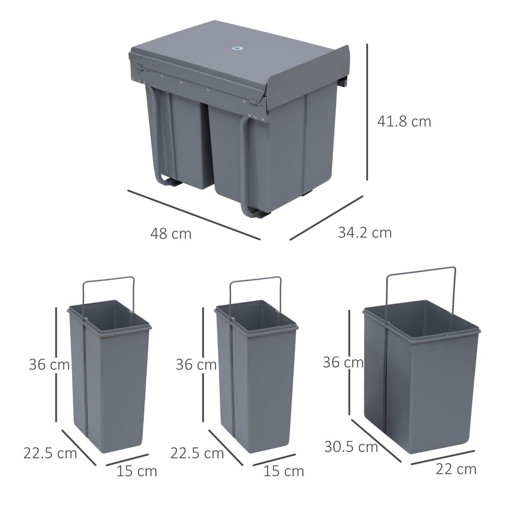 Recycle Waste Bin Pull Out Dustbin Recycling Cabinet 40L-Grey