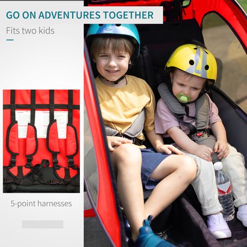 HOMCOM Child Bike Trailer, Baby Bicycle Trailer for 2 Kids with 5 Point Harness, Steel Frame, Reflectors, Safety Flag, Hitch Coupler, Red