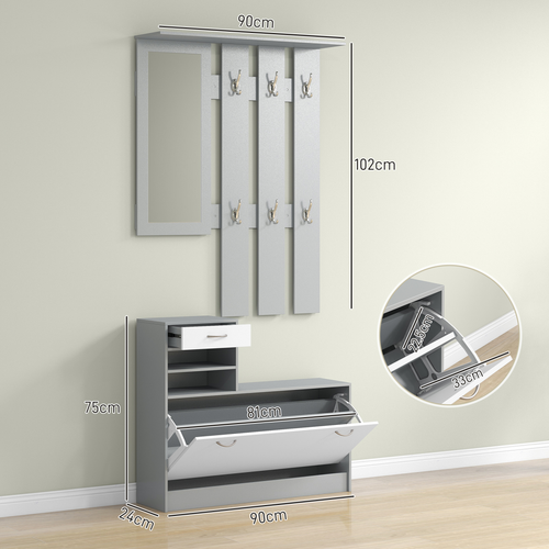 HOMCOM Hallway Furniture Set with Shoe Cabinet, Coat Rack and Mirror, Grey