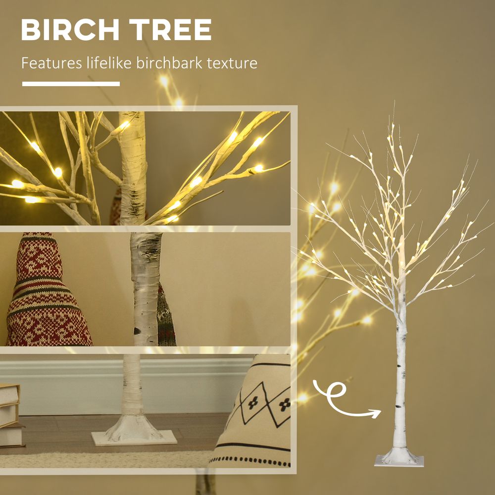 HOMCOM 4ft Artificial White Birch Tree Light 72 Warm White Pre-Lit LED Light