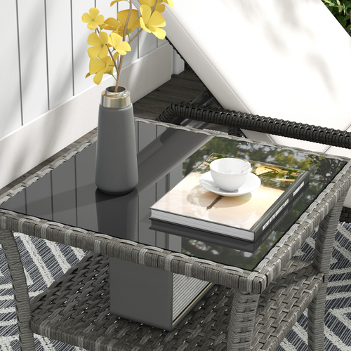 Outsunny PE Rattan Coffee Table, Two-tier Side Table with Glass Top, Grey