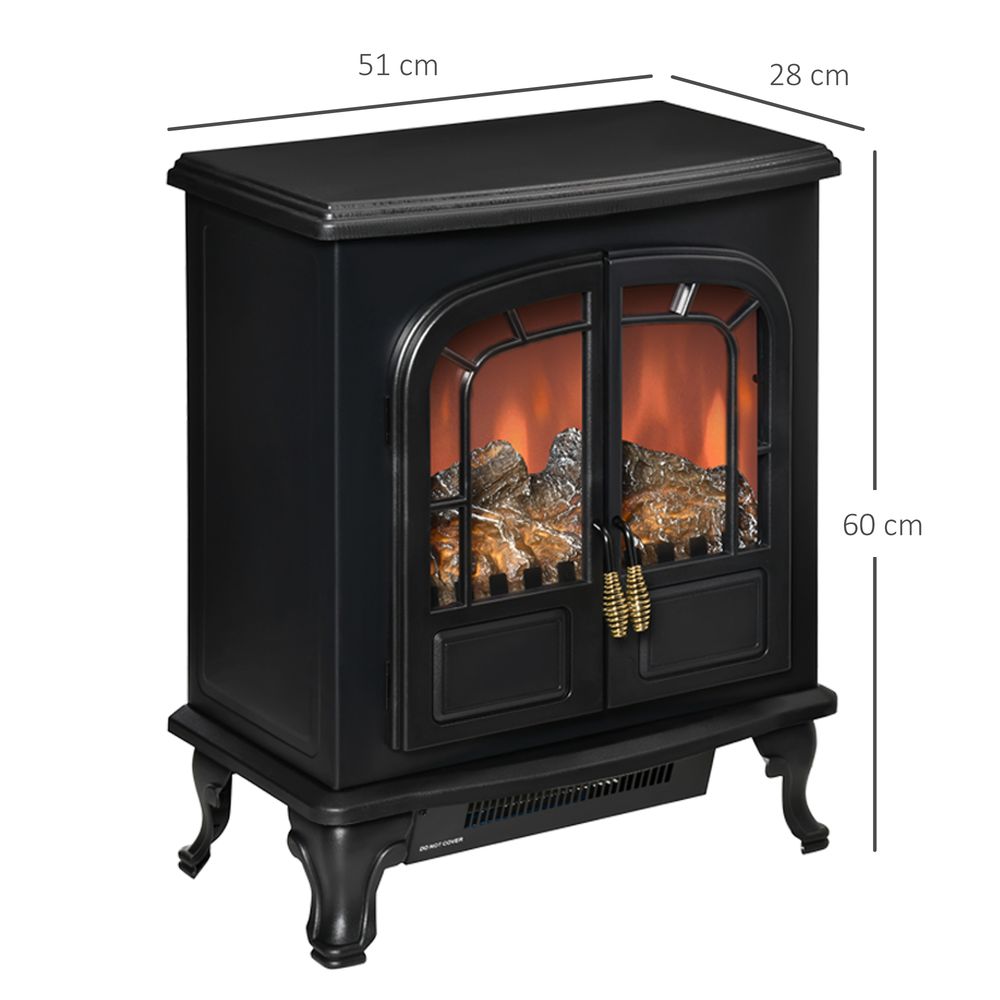 Electric Fireplace LED Fire Flame Effect, Double Door, 1000W/2000W, Black