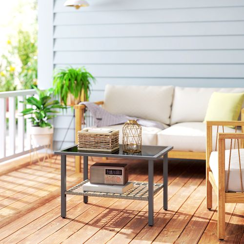 Outsunny Outdoor Rattan Coffee Table, Rectangular Tea Side Table, Mixed-grey