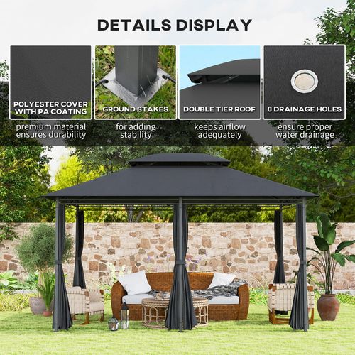 Outsunny 4m x 3(m) Outdoor 2-Tier Steel Frame Gazebo w/ Curtains Outdoor Garden