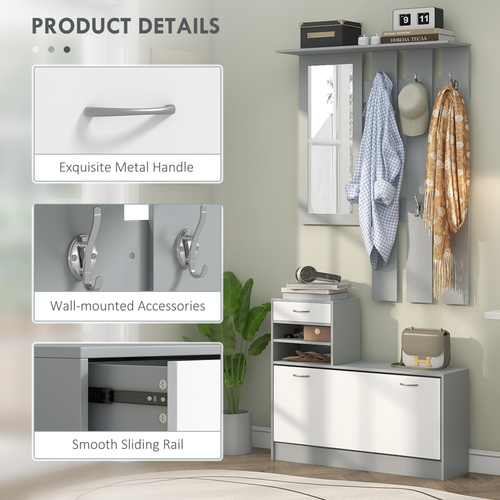 HOMCOM Hallway Furniture Set with Shoe Cabinet, Coat Rack and Mirror, Grey