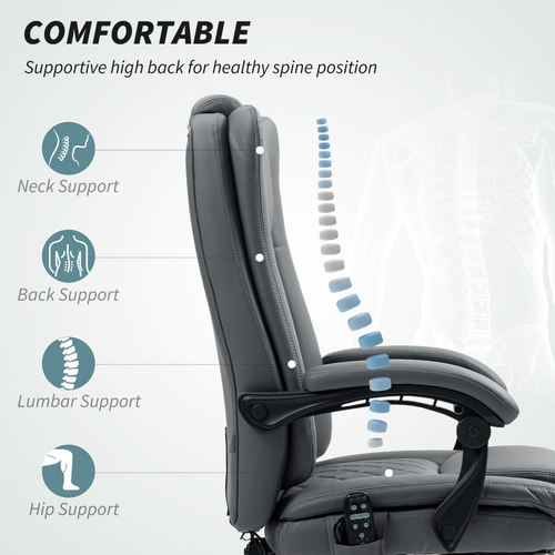 HOMCOM PU Leather Massage Office Chair, Reclining Desk Chair, Grey