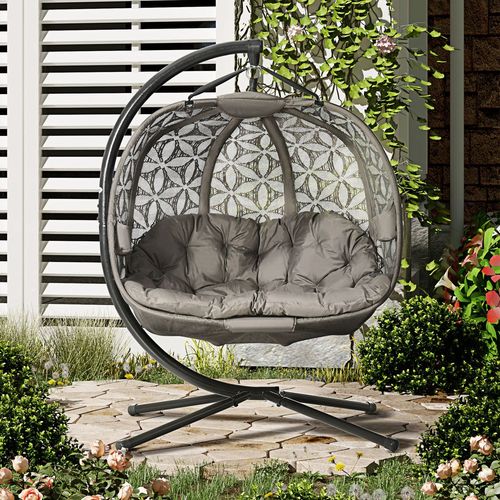 Outsunny Double Hanging Swing Chair w/ Stand & Cup Holders, Brown
