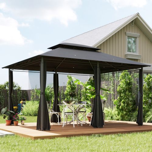 Outsunny 4m x 3(m) Outdoor 2-Tier Steel Frame Gazebo w/ Curtains Outdoor Garden