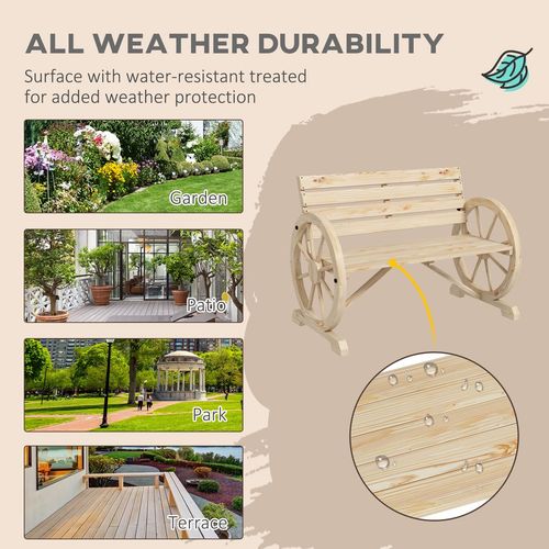 Outsunny 2 Seater Garden Bench w/ Wooden Cart Wagon Wheel Natural