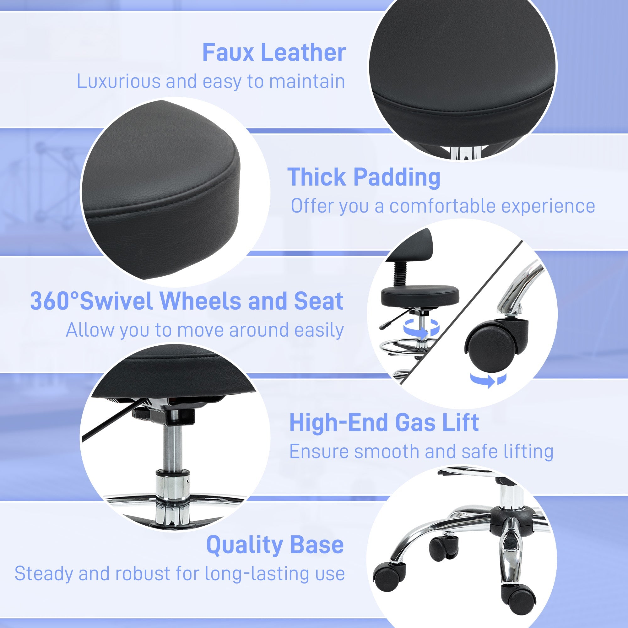 HOMCOM Faux Leather Adjustable Stool, 360° Swivel Chair for Study, Black