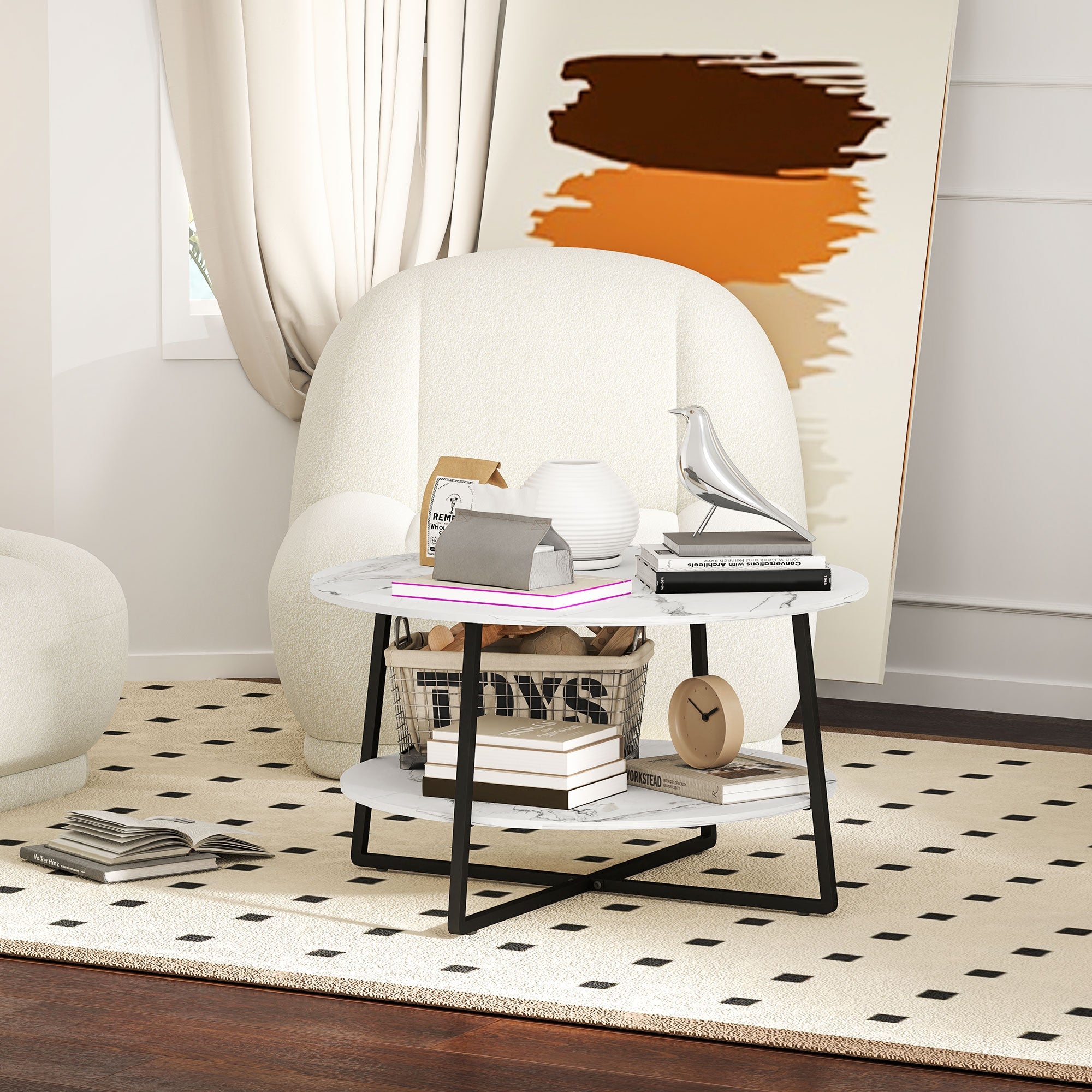 HOMCOM Round Coffee Table with Storage Shelf and Marble Effect Top, White