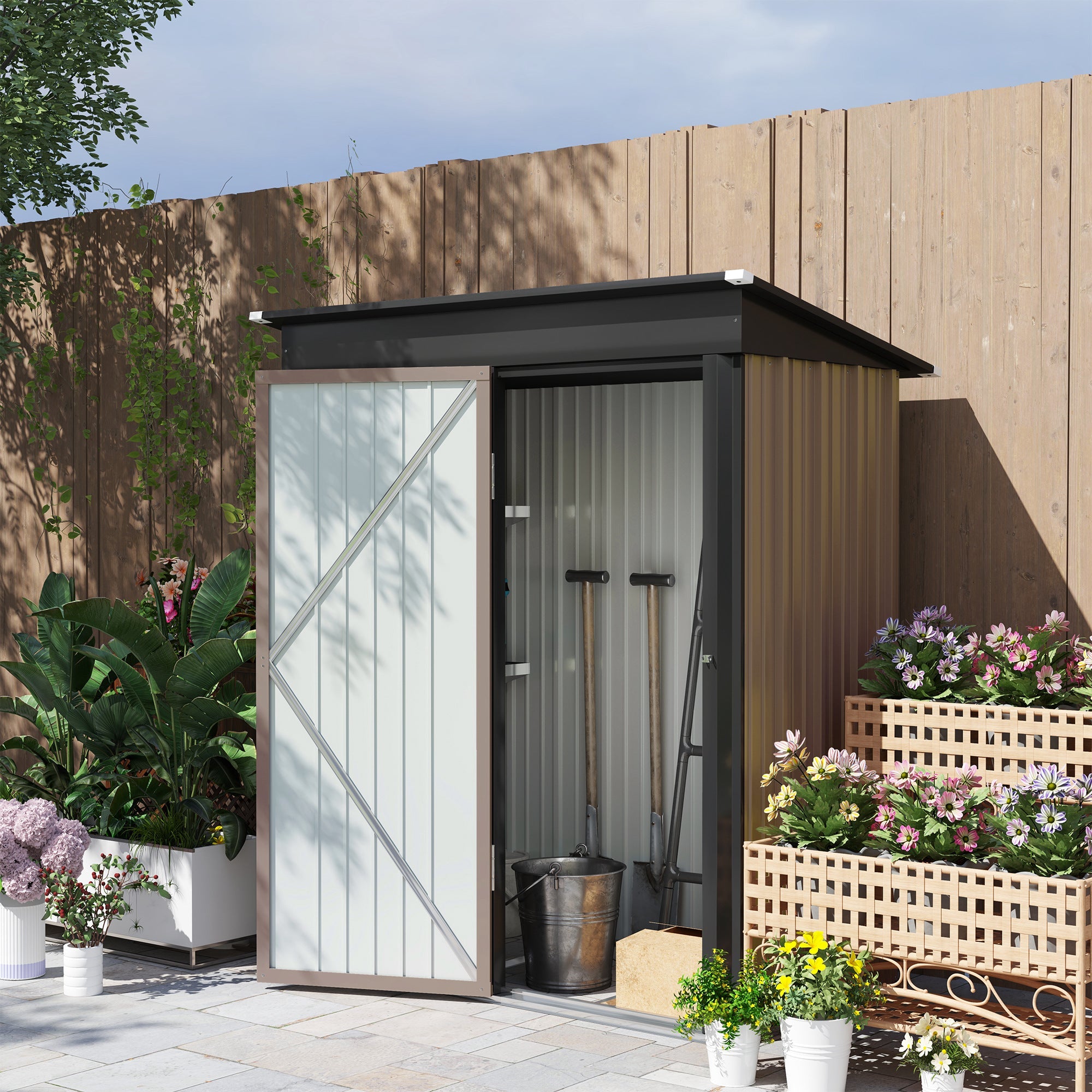 Outsunny Steel Garden Shed, Small Lean-to Shed for Bike, 5x3 ft Brown