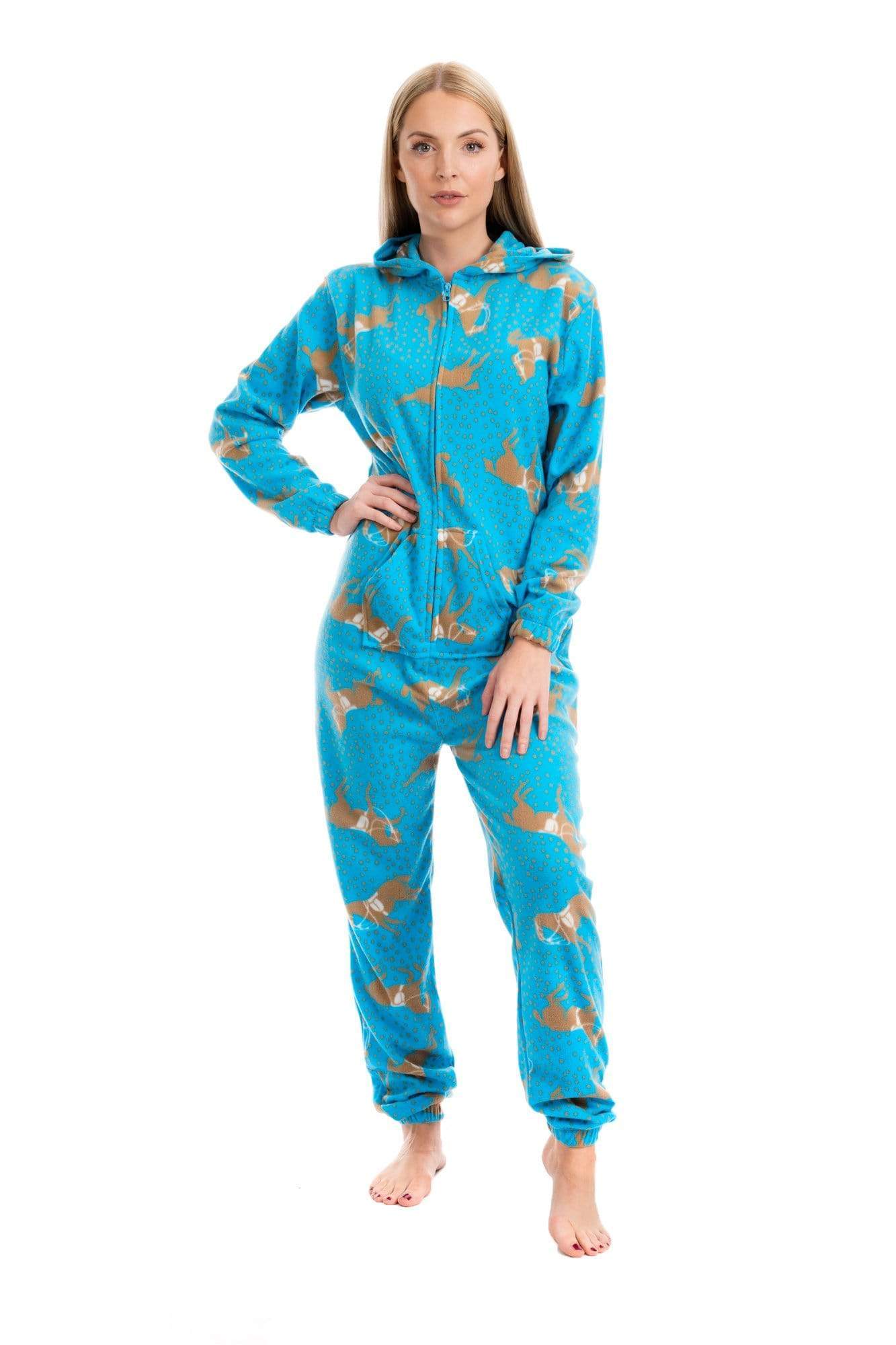 OLIVIA ROCCO Womens Blue Horse Print Hooded Fleece Onezee Pyjama Set For Warm Nightwear UK Sizes 10-20 Cozy Soft Fleece Loungewear