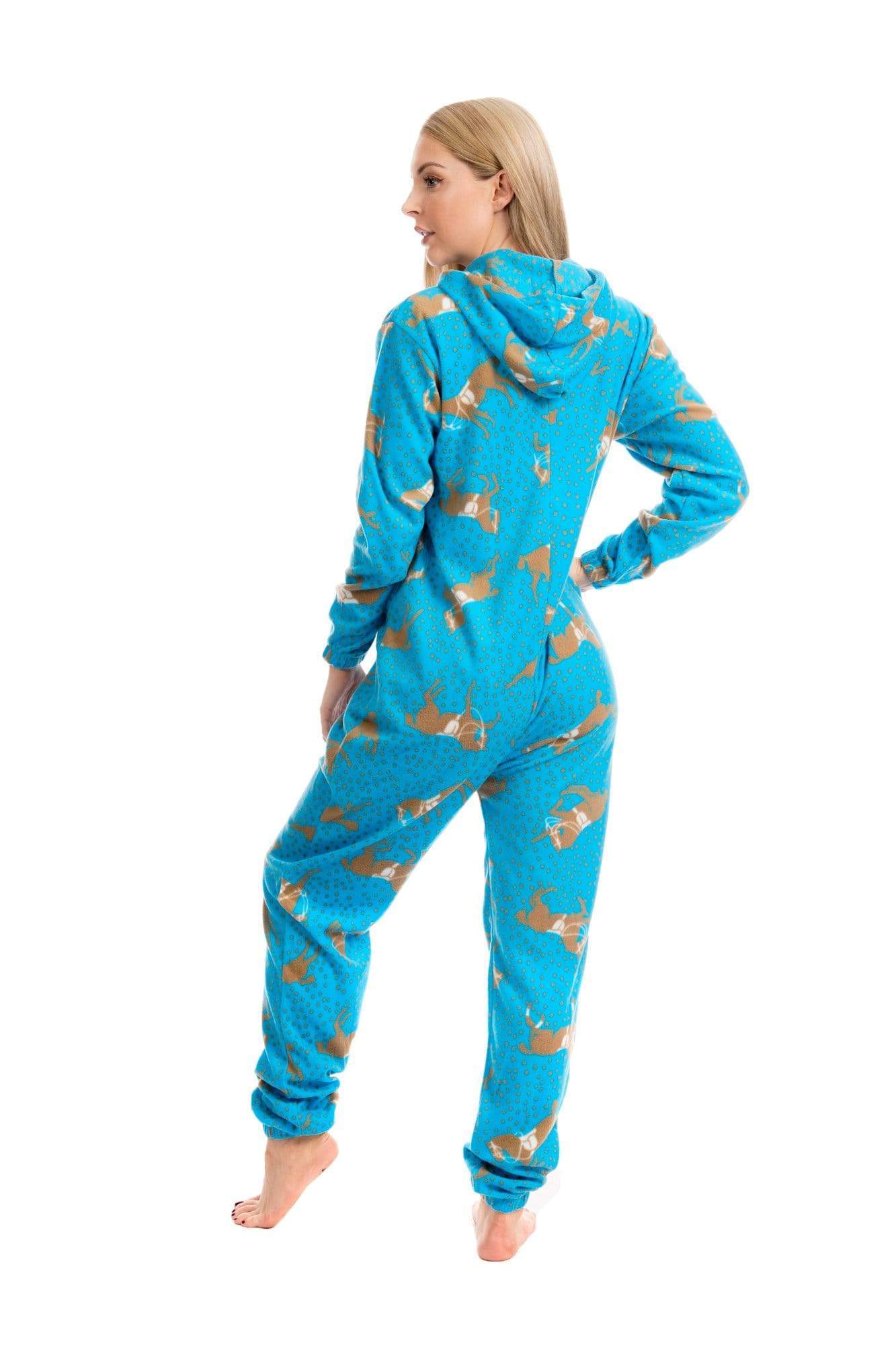 OLIVIA ROCCO Womens Blue Horse Print Hooded Fleece Onezee Pyjama Set For Warm Nightwear UK Sizes 10-20 Cozy Soft Fleece Loungewear