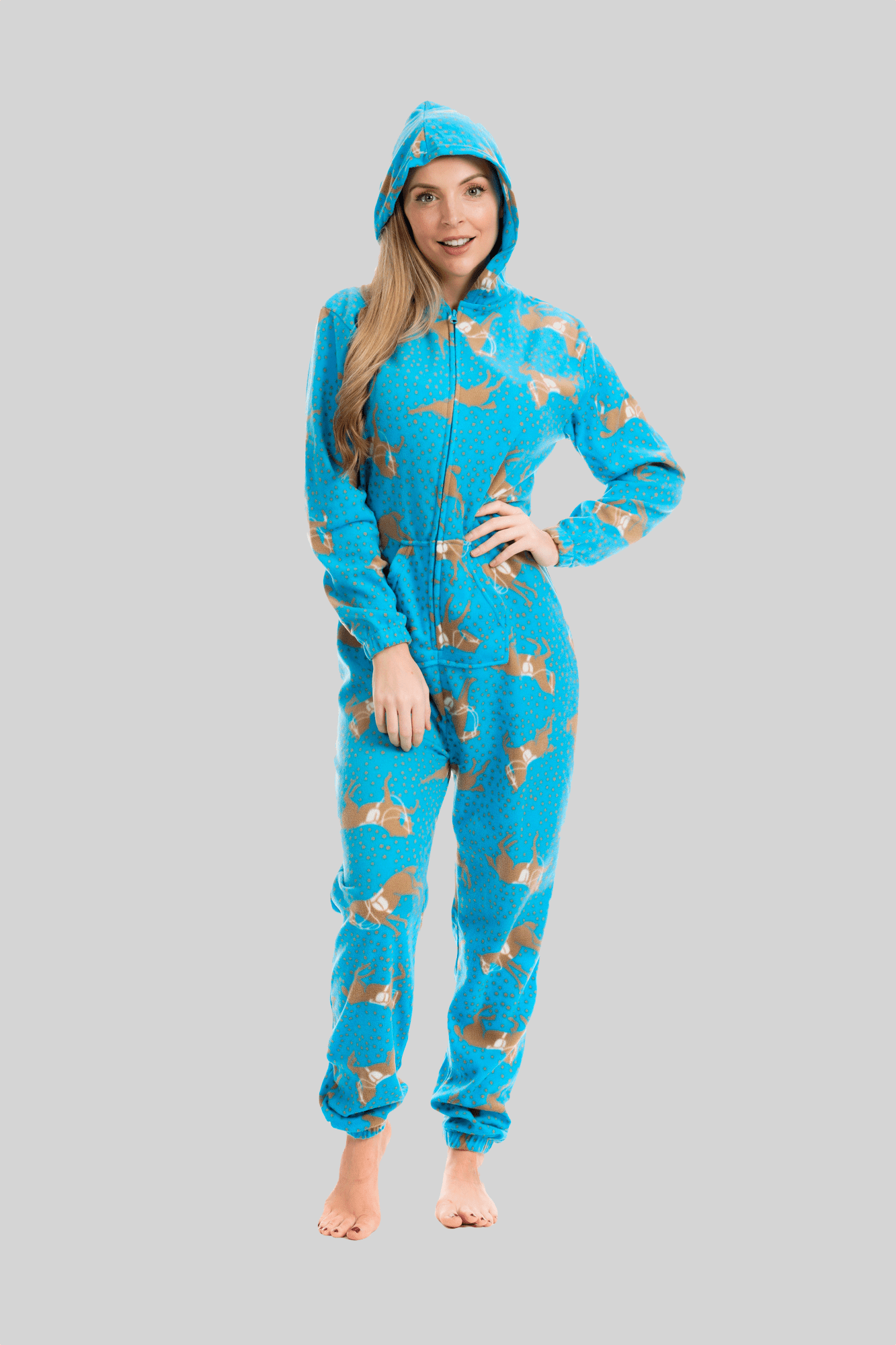 OLIVIA ROCCO Womens Blue Horse Print Hooded Fleece Onezee Pyjama Set For Warm Nightwear UK Sizes 10-20 Cozy Soft Fleece Loungewear