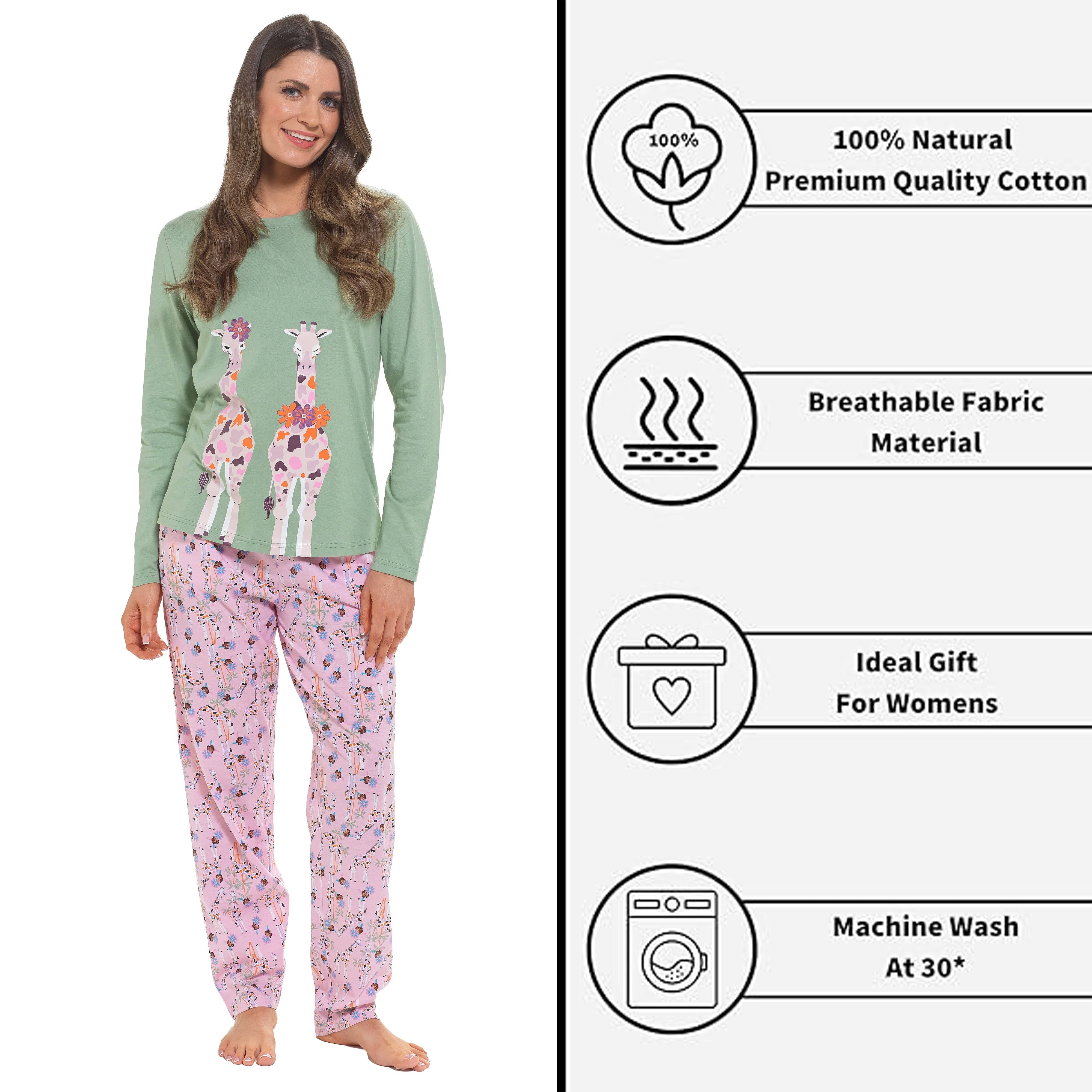 OLIVIA ROCCO Women's Giraffe Print Cotton Jersey Long Sleeve Pyjama Set Soft Sleepwear Loungewear For Summer Holidays