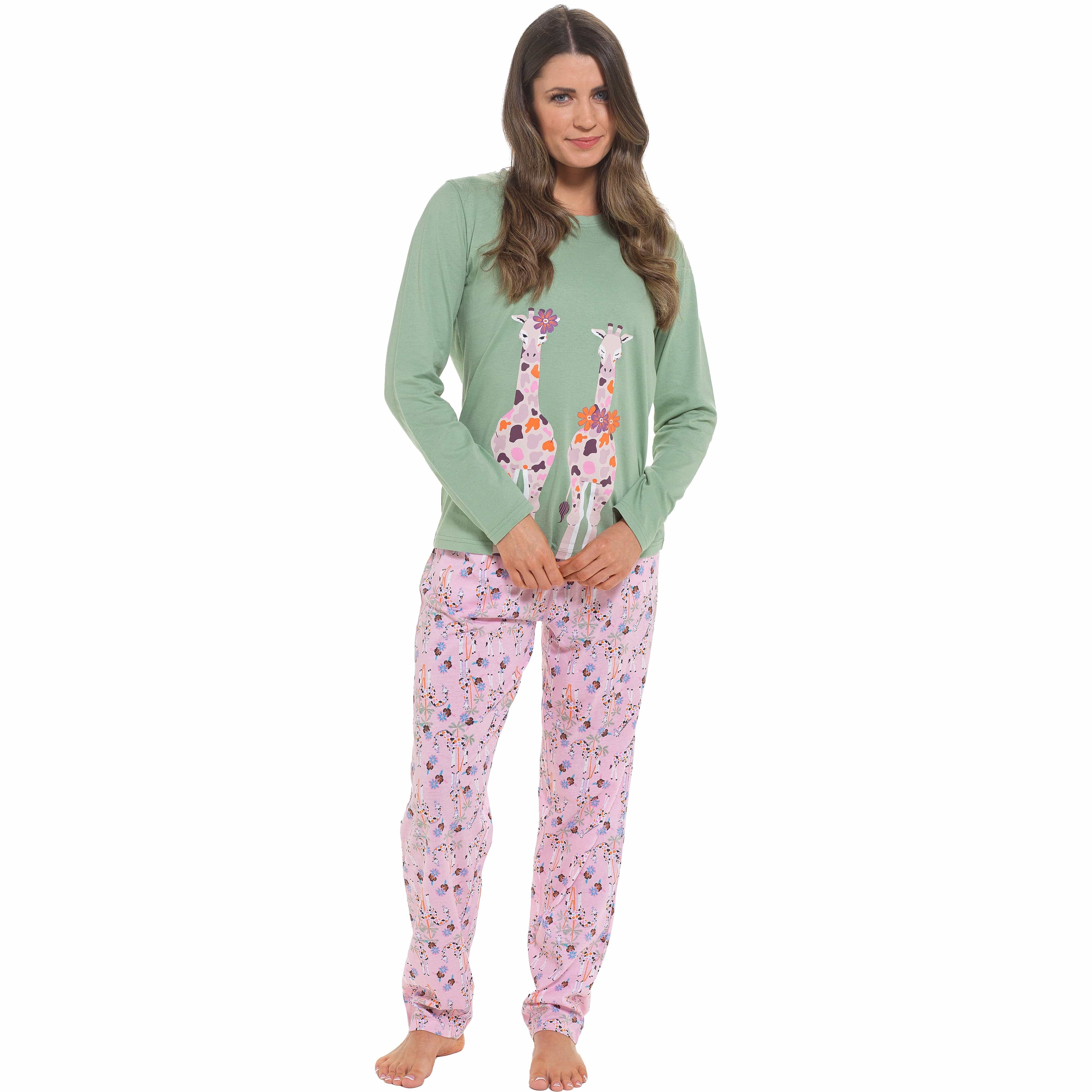 OLIVIA ROCCO Women's Giraffe Print Cotton Jersey Long Sleeve Pyjama Set Soft Sleepwear Loungewear For Summer Holidays
