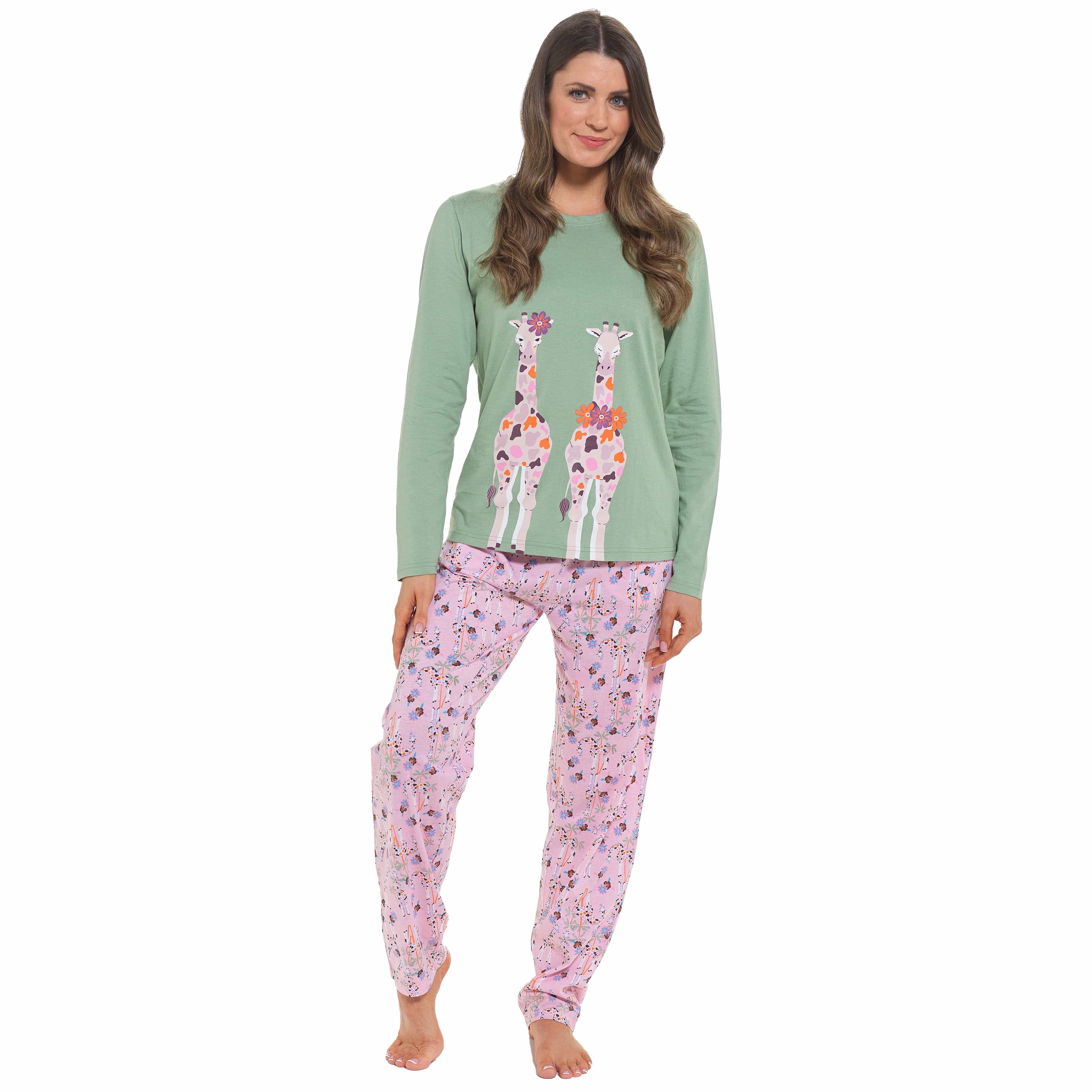 OLIVIA ROCCO Women's Giraffe Print Cotton Jersey Long Sleeve Pyjama Set Soft Sleepwear Loungewear For Summer Holidays