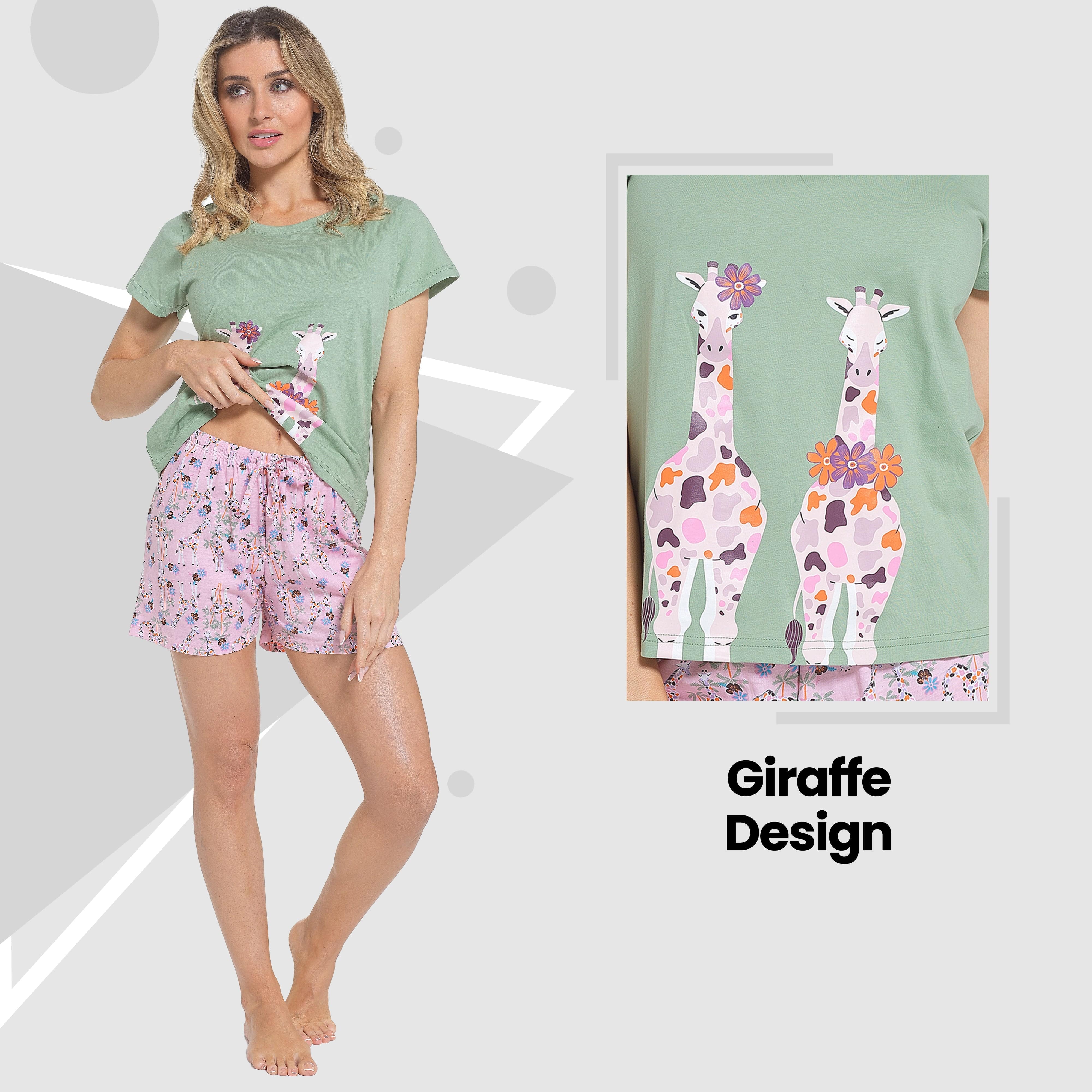 OLIVIA ROCCO Giraffe Pyjama Set for Women T Shirt and Shorts Soft Cotton Loungewear Summer Sleepwear Daisy Dreamer Breathable Relaxed Fit