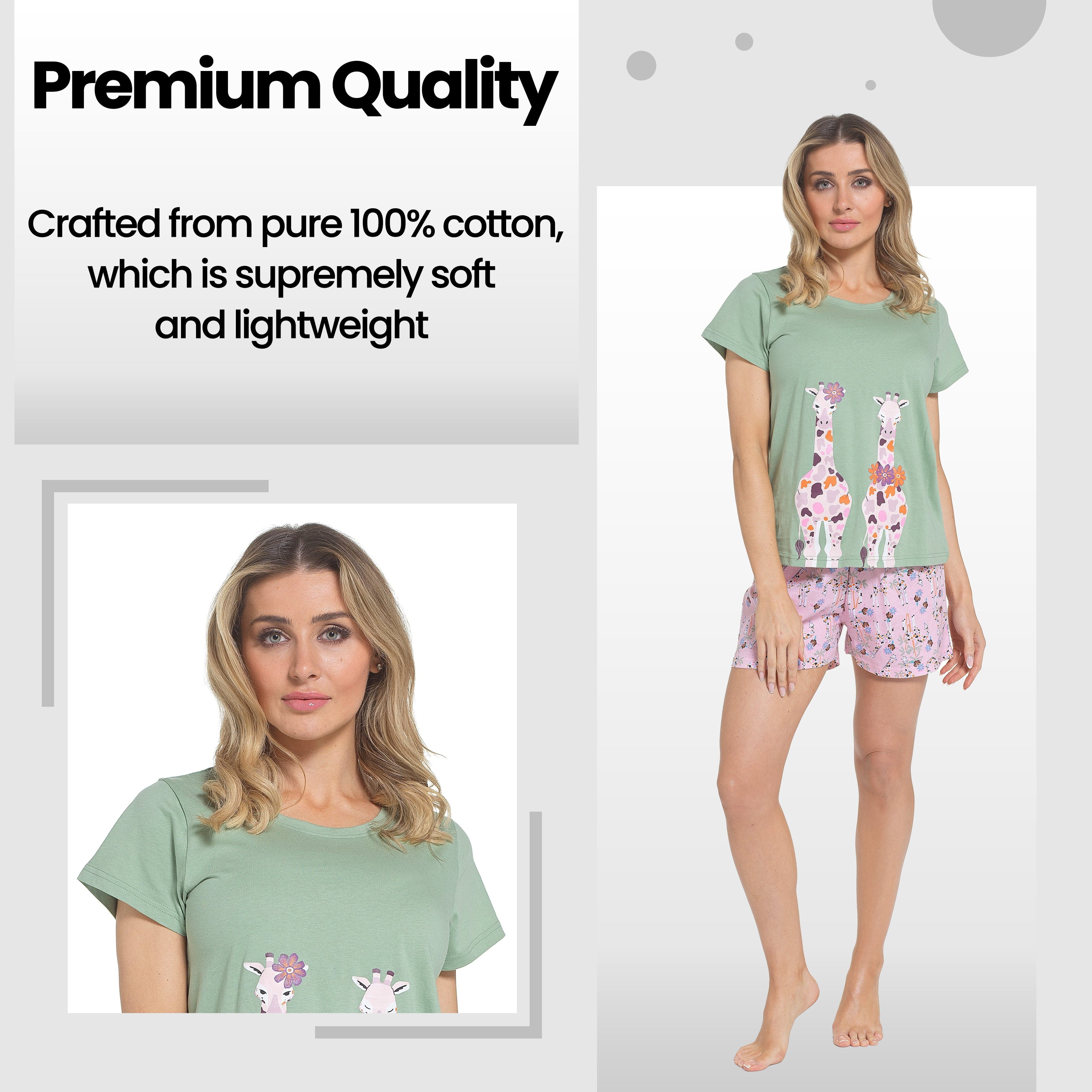 OLIVIA ROCCO Giraffe Pyjama Set for Women T Shirt and Shorts Soft Cotton Loungewear Summer Sleepwear Daisy Dreamer Breathable Relaxed Fit