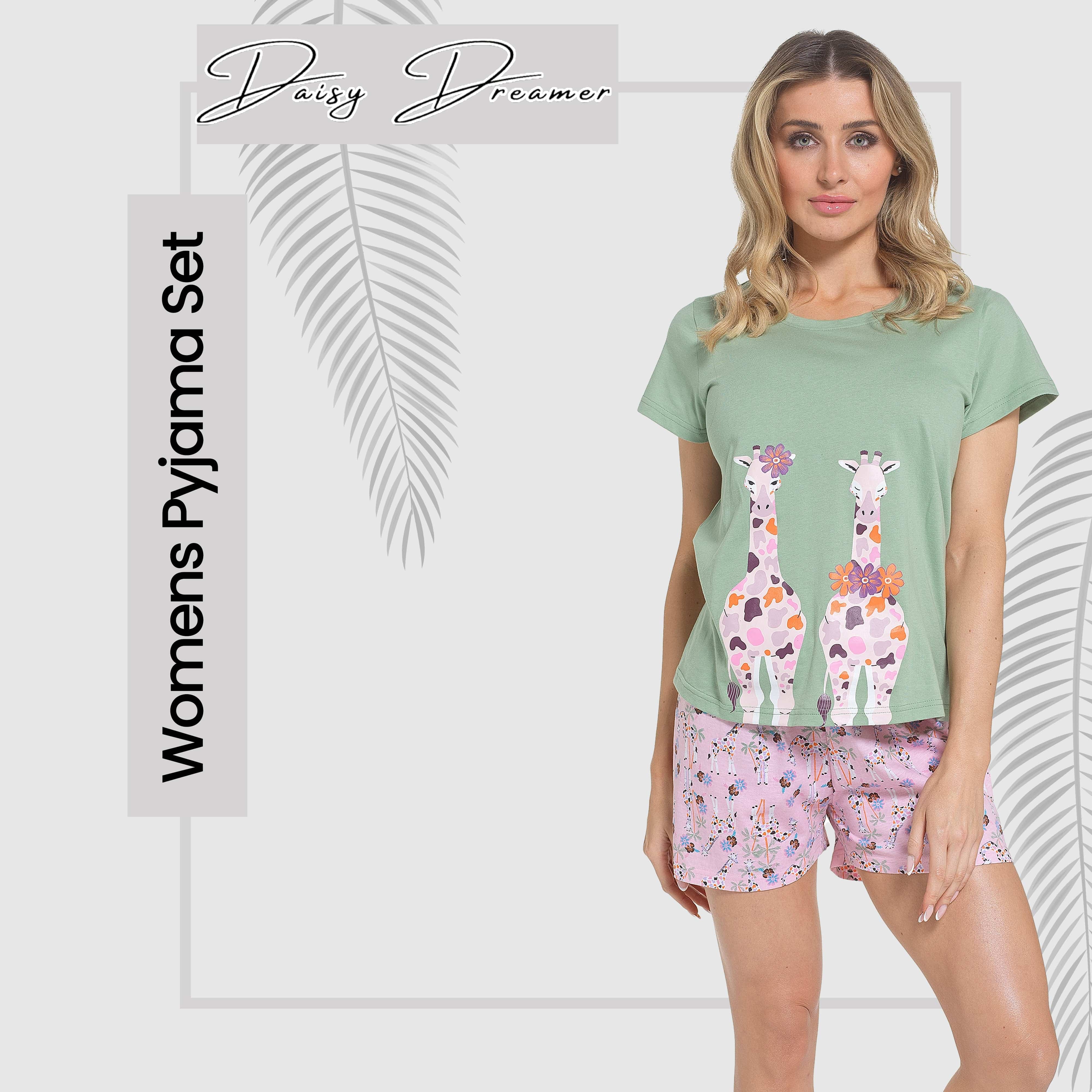 OLIVIA ROCCO Giraffe Pyjama Set for Women T Shirt and Shorts Soft Cotton Loungewear Summer Sleepwear Daisy Dreamer Breathable Relaxed Fit