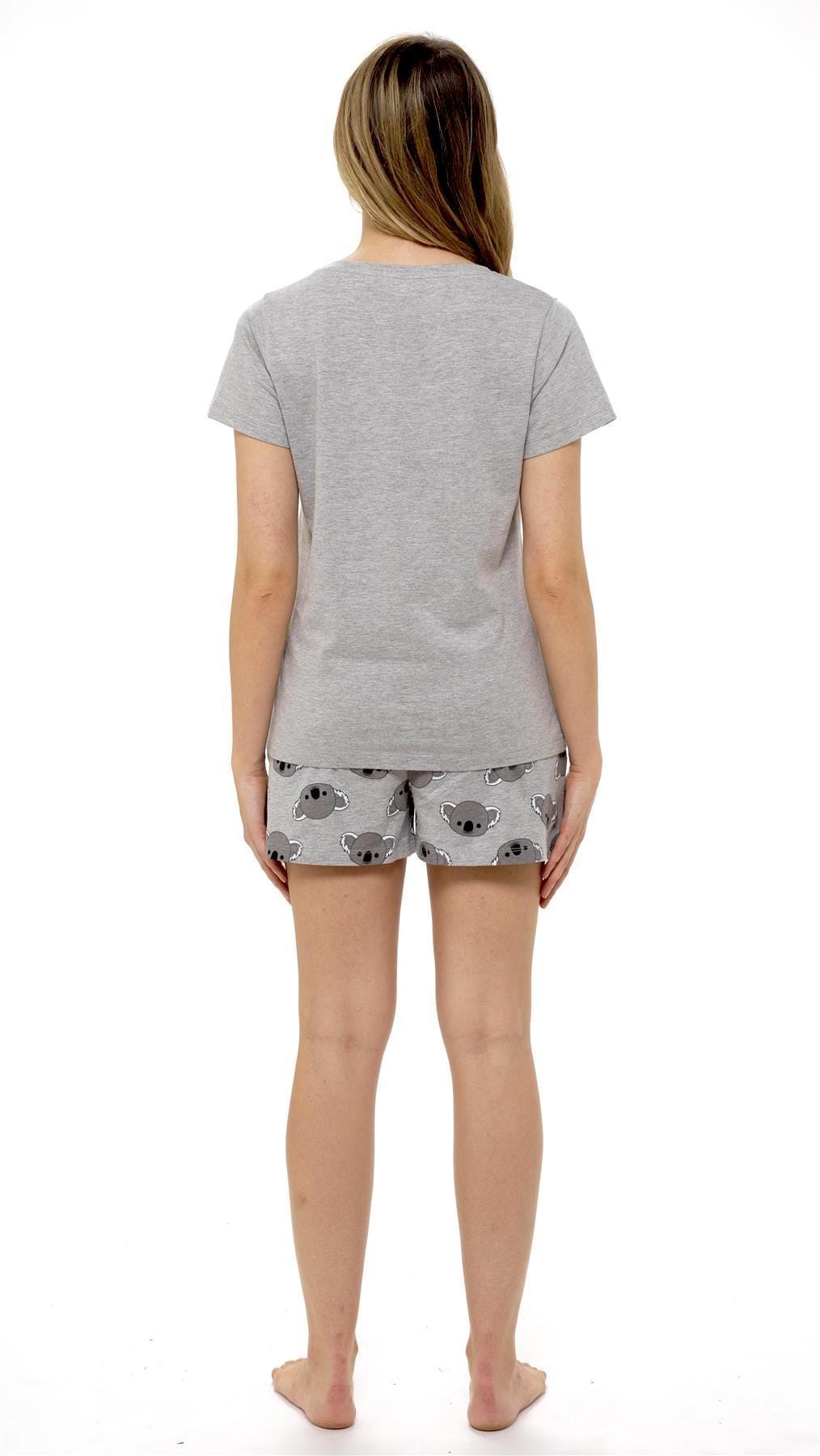 OLIVIA ROCCO Women's Koala Bear Grey Cotton Pyjama Set With T Shirt And Shorts, Hypoallergenic Nightwear, Sizes S To XL